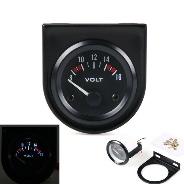 Voltmeter 8 til 16 volt dia. 2" - 52 mm. med mont.beslag