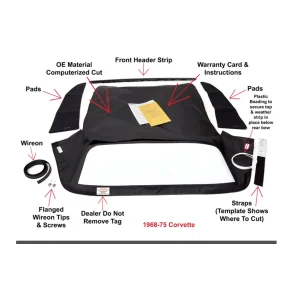 Convertible top i vinyl sort m/plastrude Corvette C3 1968 til 1975 (TFA 7918)