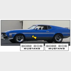 Decals / klisterm�rke BOSS 302 i mat sort S�t m. 2 stk. Mustang 1971 (Automotive Graphics 837-22)