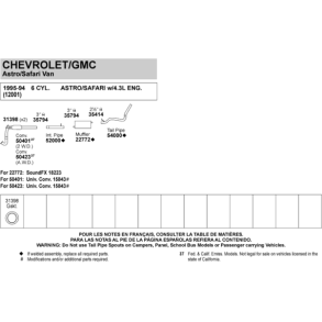 Udst�dningss�t fra kat og bagud Chevrolet Astro 4,3 V6 1994 til 1995
