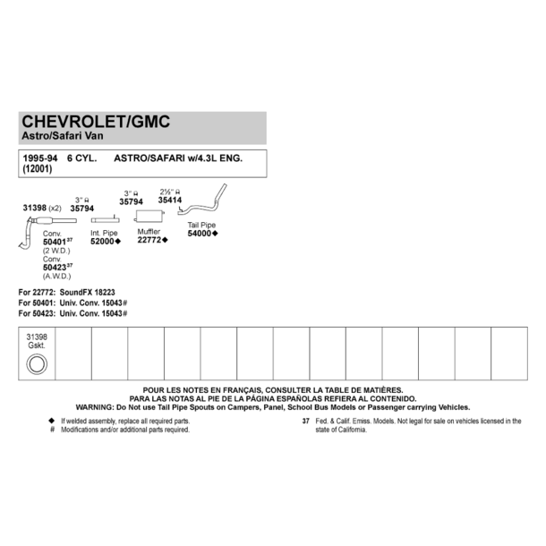 Udst�dningss�t fra kat og bagud Chevrolet Astro 4,3 V6 1994 til 1995