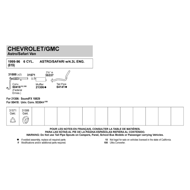 Udstdningsst fra kat og bagud. Chevrolet Astro 4,3 V6 1996 til 1999