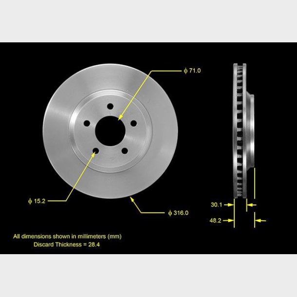 Bremseskive for 316 mm. Ford Mustang 2005 til 2014 (YH145658P PRT5658 - AX54134 - BD126211E)