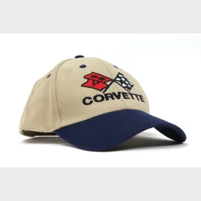 Cap CORVETTE CAP. CROSSED FLAGS - TAN W/BLUE TRIM, Baseball Cap Corvette Script