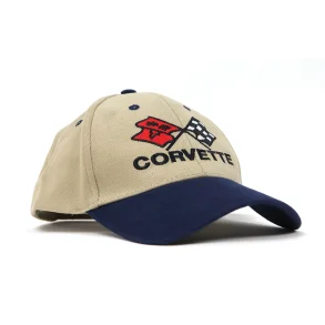 Cap CORVETTE CAP. CROSSED FLAGS - TAN W/BLUE TRIM, Baseball Cap Corvette Script