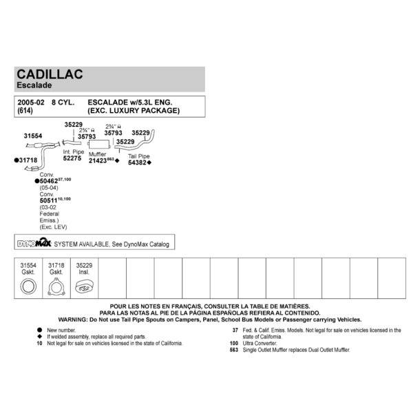 Udst�dningss�t fra kat og bagud Cadillac Excalade 5,3 2002 til 2005