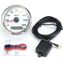 GPS Speedometer i dia. 85 mm. med hvid skive og rustfri krans og med 160 miles / 256 km't