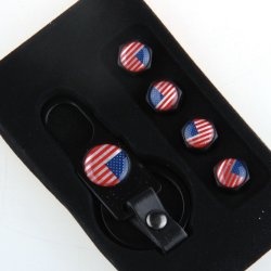 Nglering med 4 stk. dk ventil htter med US logo  (Tire Valve United States America Flag Logo) 
