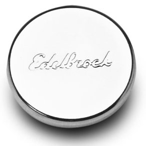 Olied�ksel chrom med Edelbrock 'logo' i toppen. 'Oil' og med sort skrift i logo'et, Edelbrock Oil Fill Hole Plugs 4415