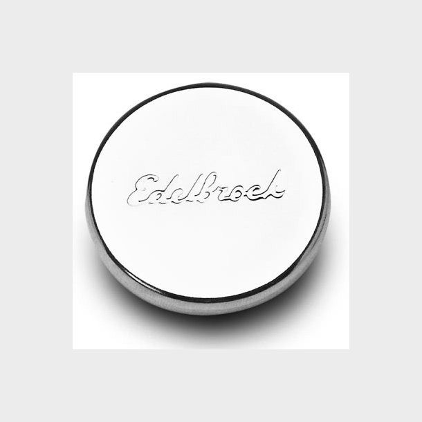 Olied�ksel chrom med Edelbrock 'logo' i toppen. 'Oil' og med sort skrift i logo'et, Edelbrock Oil Fill Hole Plugs 4415