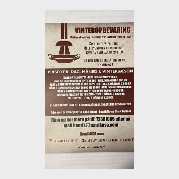Opbevaring af biler, b�de, mc &amp; campingvogne. Adressen er.: Nyborgvej 11A, 5853 �rb�k