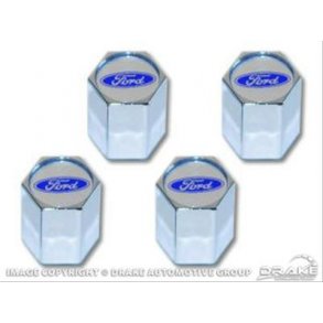 Ventilhtte 6 kantet med Ford logo i alu/chrome, st med 4 ventilhtter (Scott Drake ACC-5033260)