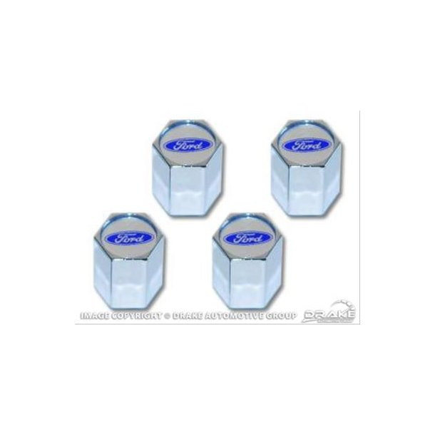 Ventilhtte 6 kantet med Ford logo i alu/chrome, st med 4 ventilhtter (Scott Drake ACC-5033260)